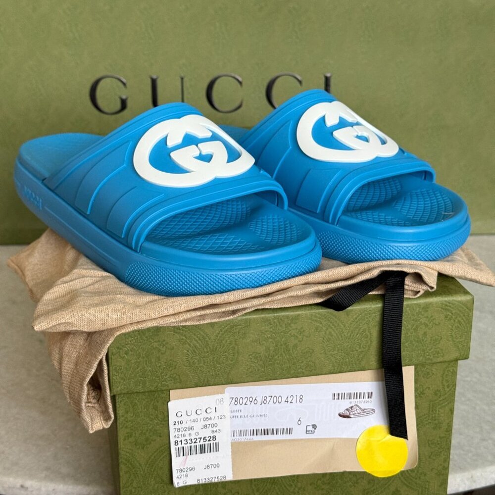 GUCCI 780296 Blue Rubber Men's GG Sandals, sz Gucci 7 - Picture 11 of 11